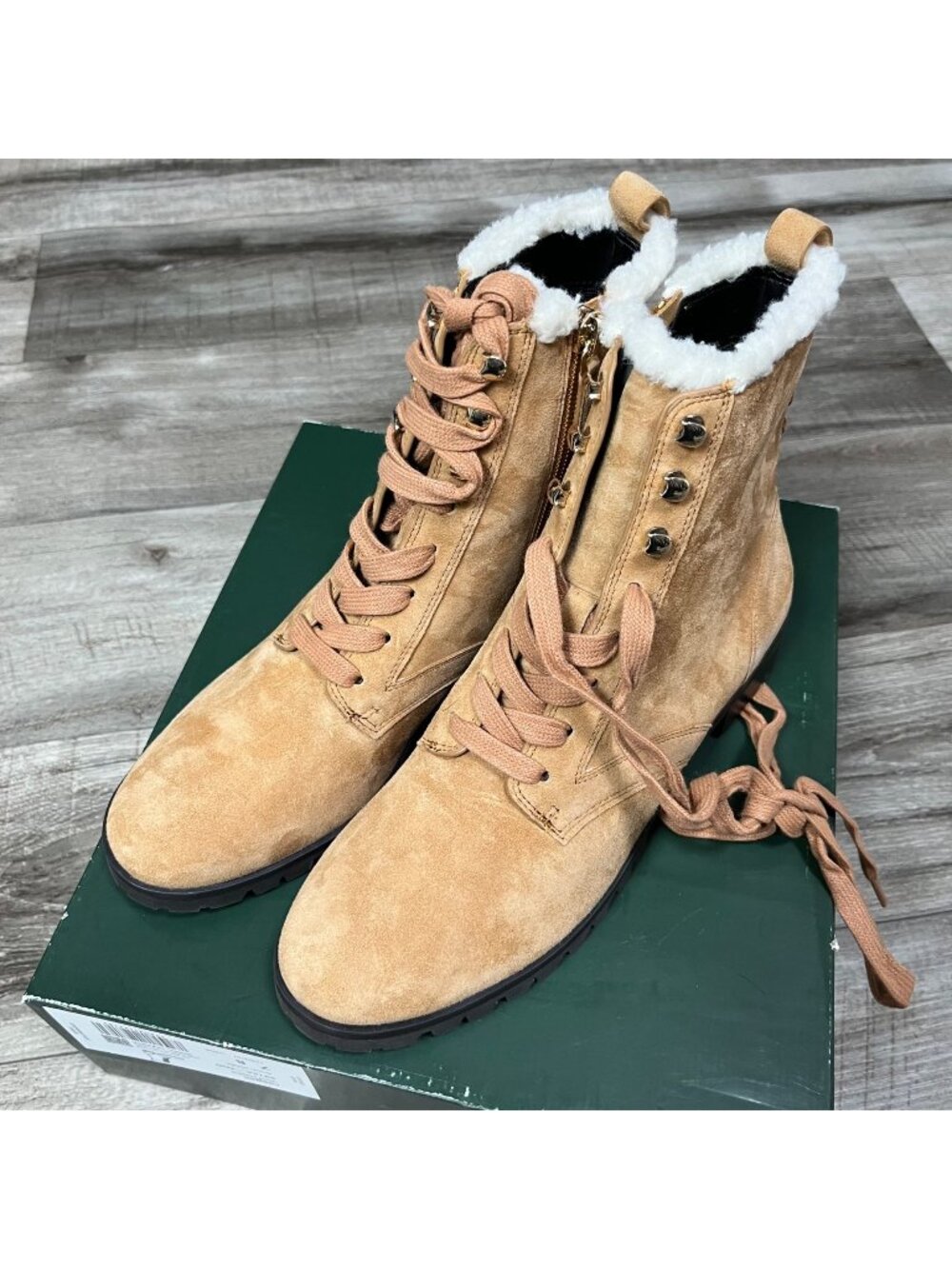 Kate Spade Raegan Classic Saddle Lace Up Boots Faux Fur NIB Brown Women’s Sz 7